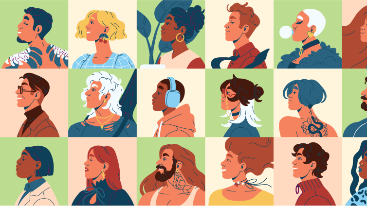 A grid of 18 illustrated profiles of people
