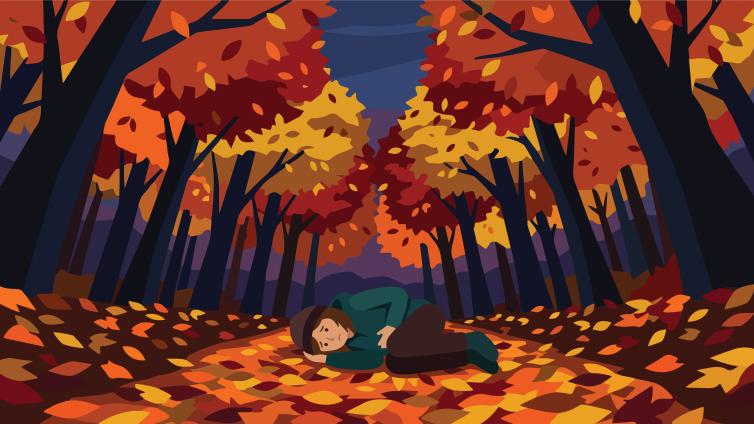 Illustration of person curled into a ball with a sad expression in a forest full of fall leaves