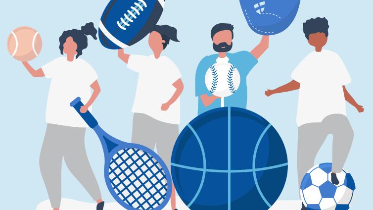 Illustrations of people with sport balls and equipment.