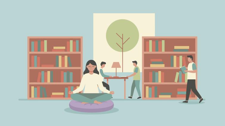 Illustration of student meditating on a beanbag chair in a library setting.