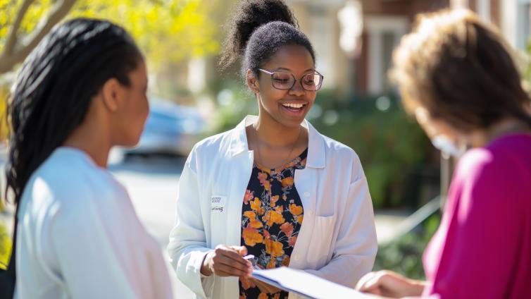 Doctor speaking to two other people looking over paperwork outside with smiles