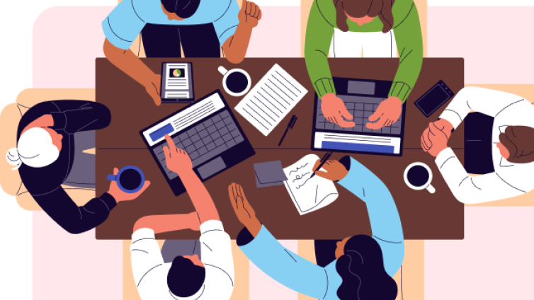 Illustrated graphic of a group of people sitting around a table working