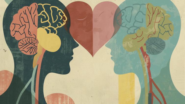 Colorful silhouette drawing of two heads with brains, facing each other with a heart in-between 